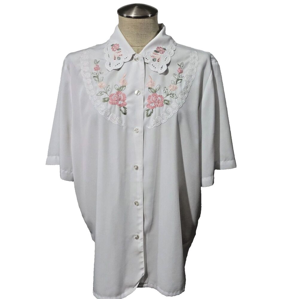 Vtg White Top Blouse Short Sleeve Embroidered Floral XL/XXL? check measurements
